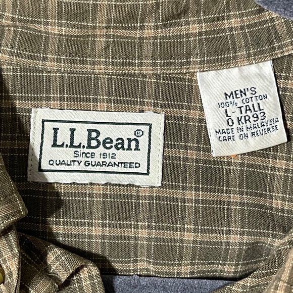 LL Bean men's size L-tall 100% cotton tan plaid long sleeve button down shirt - Picture 4 of 6